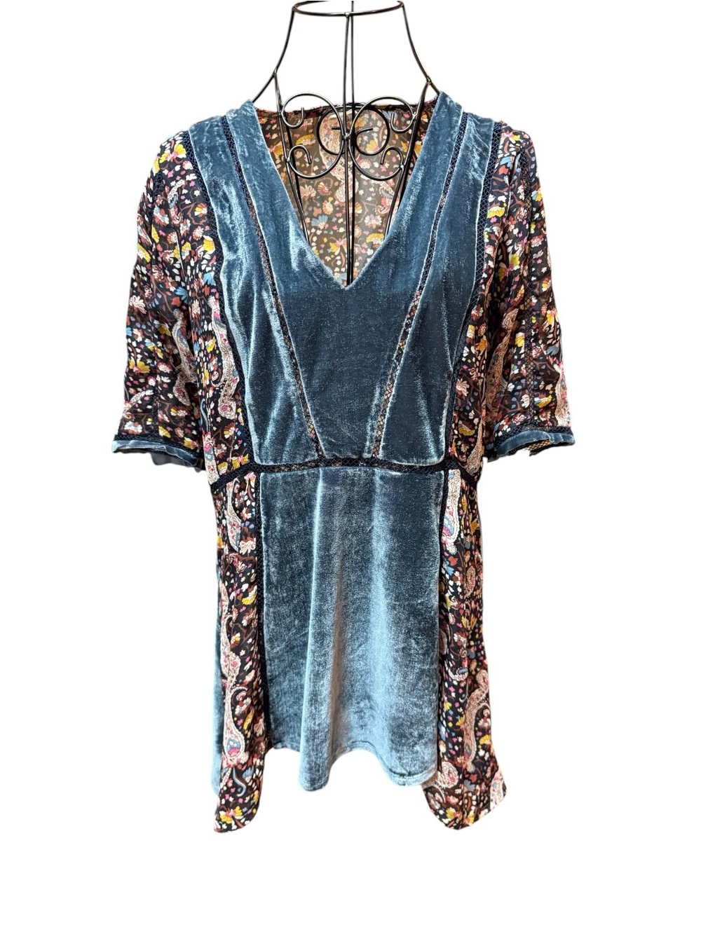 POL Boho Blue Velvet Mixed-Print V-Neck Tunic Top